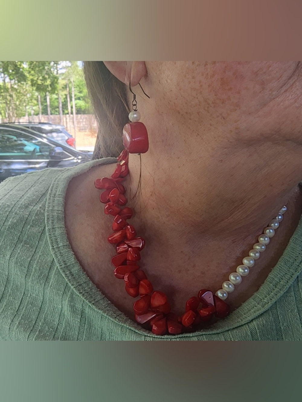 Red Faux Coral& Freshwater Pearl Necklace & Earrings